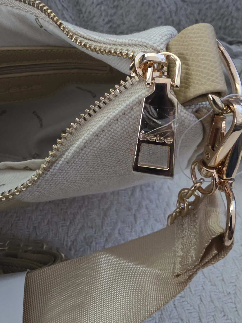 bebe Paisley Canvas Crossbody Bag with Coin Purse in the Almond
